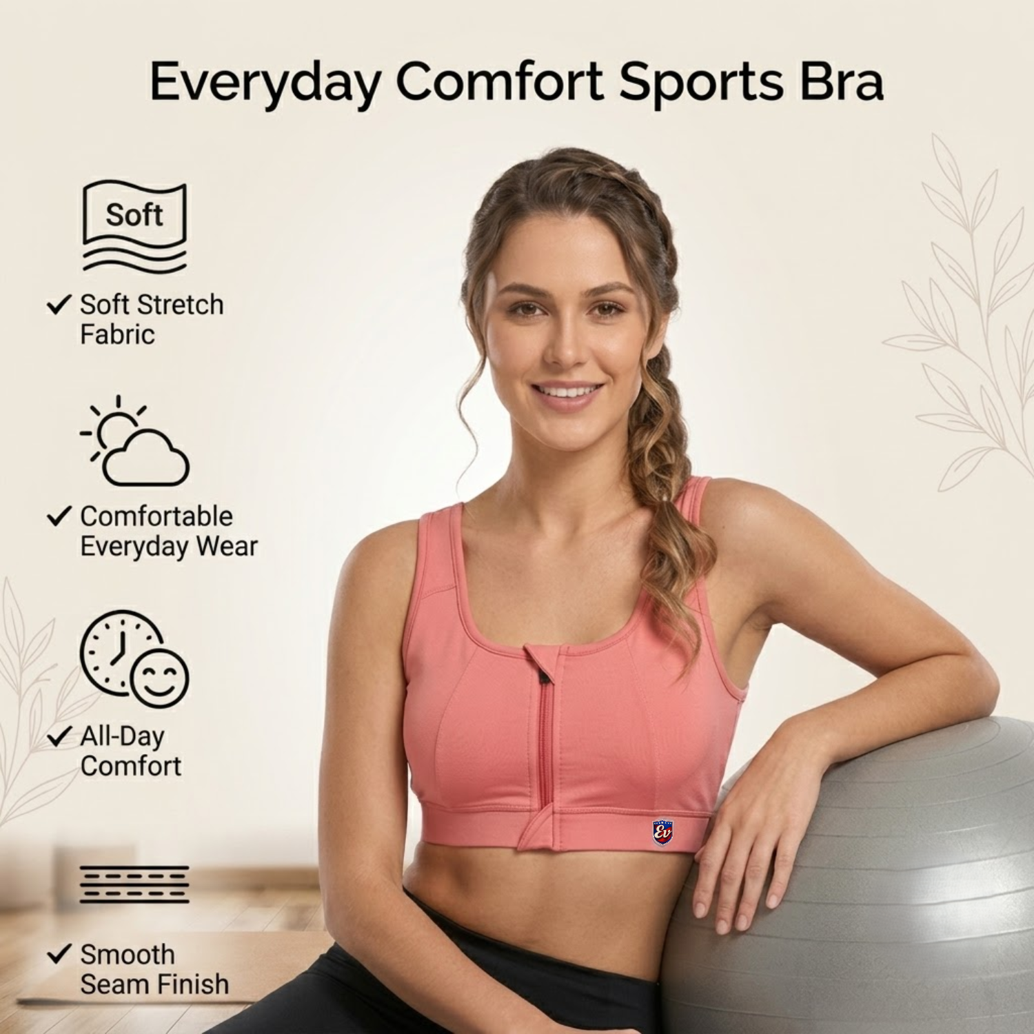 Elen Vosky Front Zip Sports Bra for Women | High Support Racerback Style| Wirefree Activewear | Running, Gym, Yoga & Fitness Bra