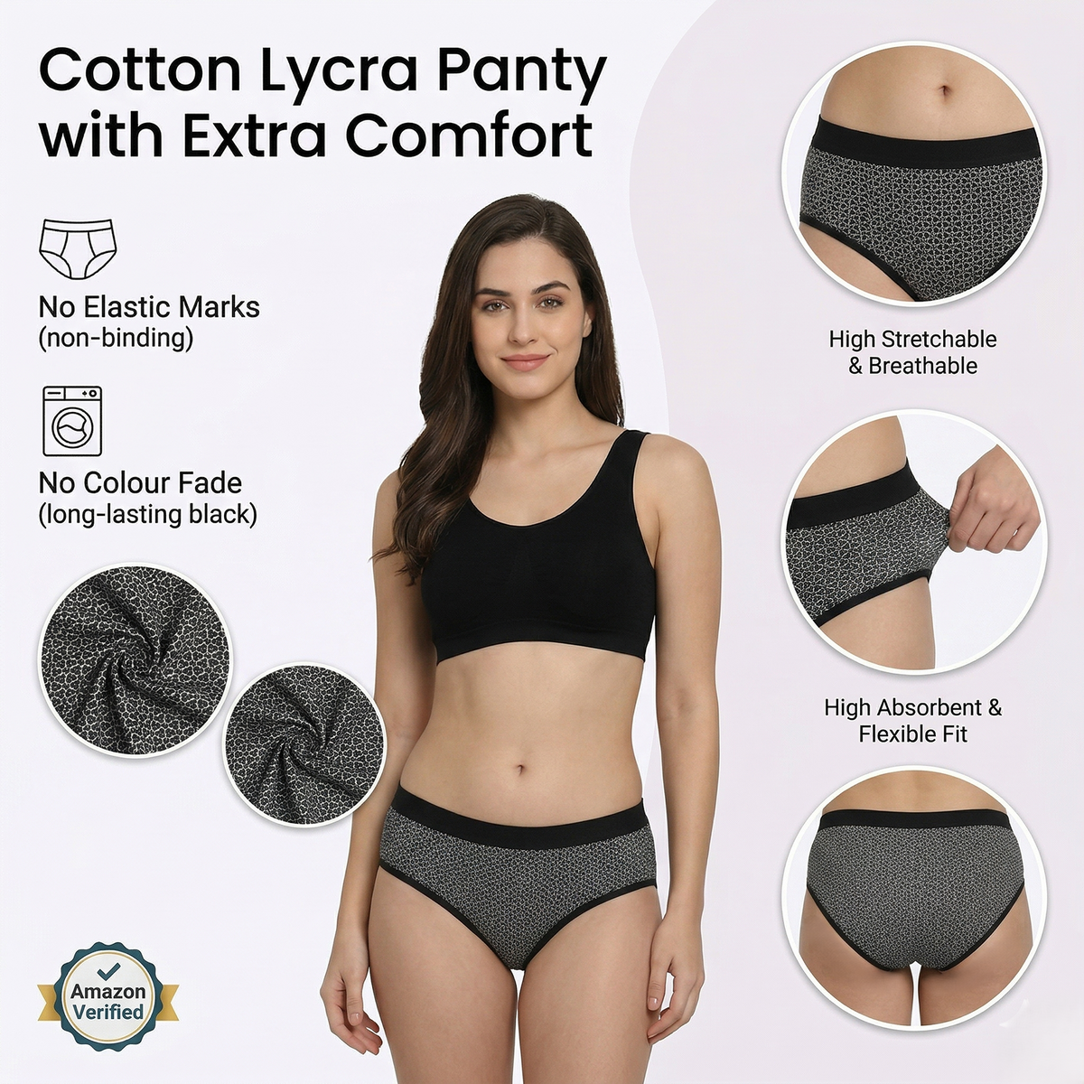 Elen Vosky Cotton Lycra Panties for Women Pack of 3 | Mid Rise Full Coverage Hipster Panties | Soft Stretch Waistband | Anti Odor Comfortable Everyday Wear