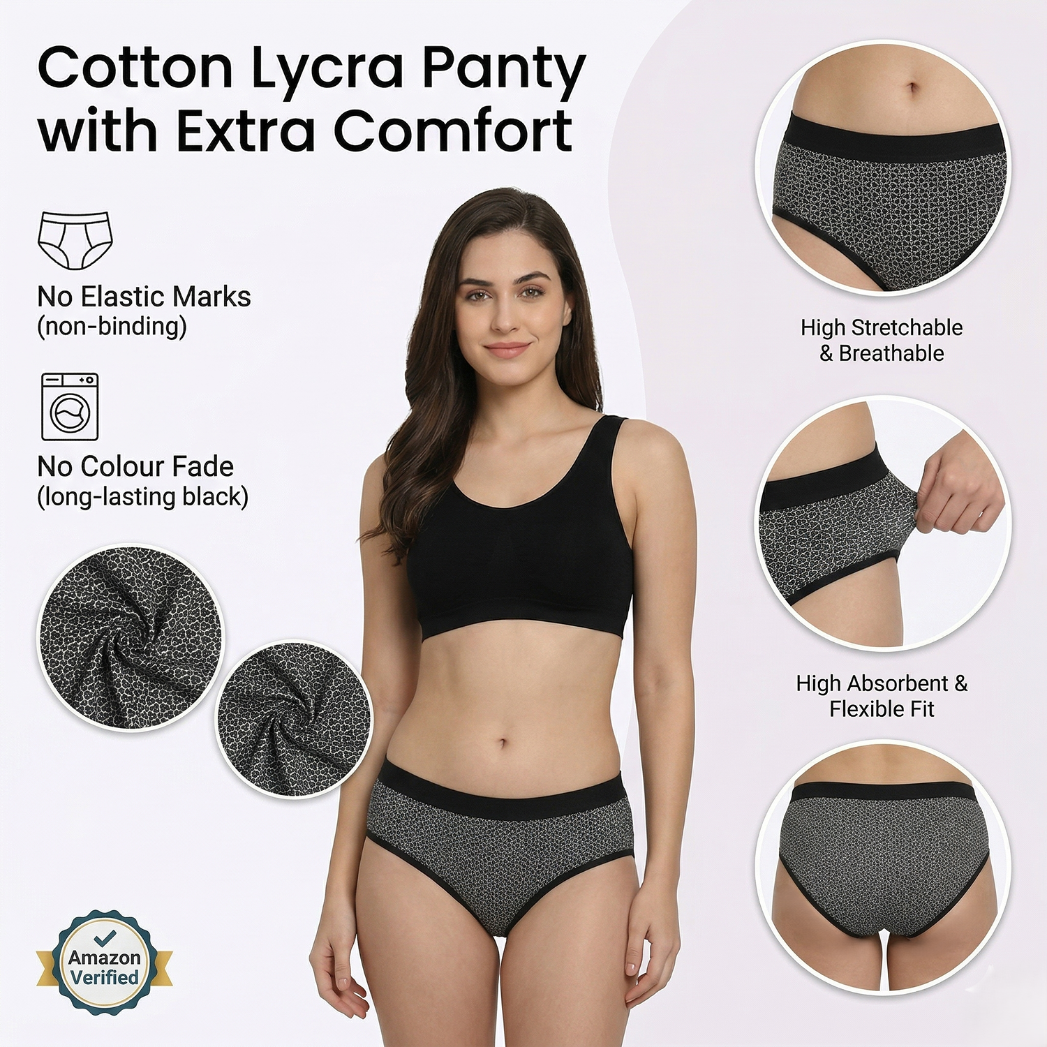 Elen Vosky Cotton Lycra Panties for Women Pack of 3 | Mid Rise Full Coverage Hipster Panties | Soft Stretch Waistband | Anti Odor Comfortable Everyday Wear