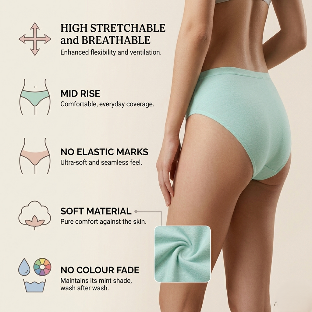 Elen Vosky Women Hipster Panties Pack of 3 | Breathable Cotton Lycra Fabric | Full Coverage Mid Rise Comfort Fit | Stretch Waistband | Anti Odor Everyday Wear
