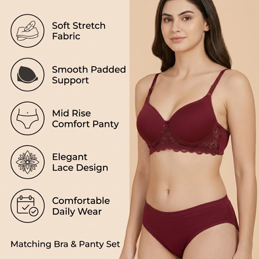 Elen Vosky Women’s Lingerie Set | Panty Set with Strappy Detailing | Breathable Cotton Lycra Fabric | Seamless Padded Bra with Lace Bottom Band