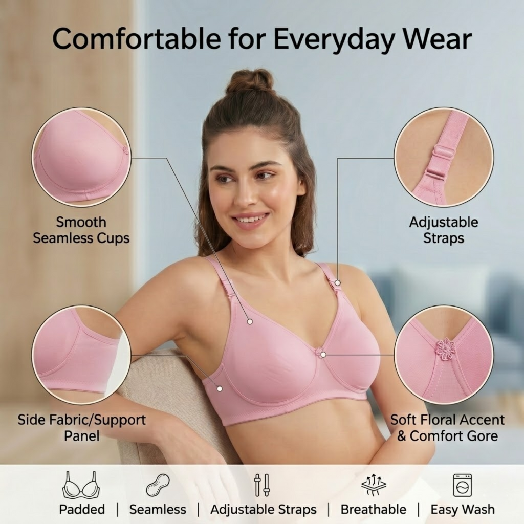 Elen Vosky Padded Bra for Women (Pack of 2) | Push-Up Seamless Adjustable Shoulder Bra | Comfortable Everyday Wear | Lightly Lined Wireless Support | Soft Breathable Lingerie