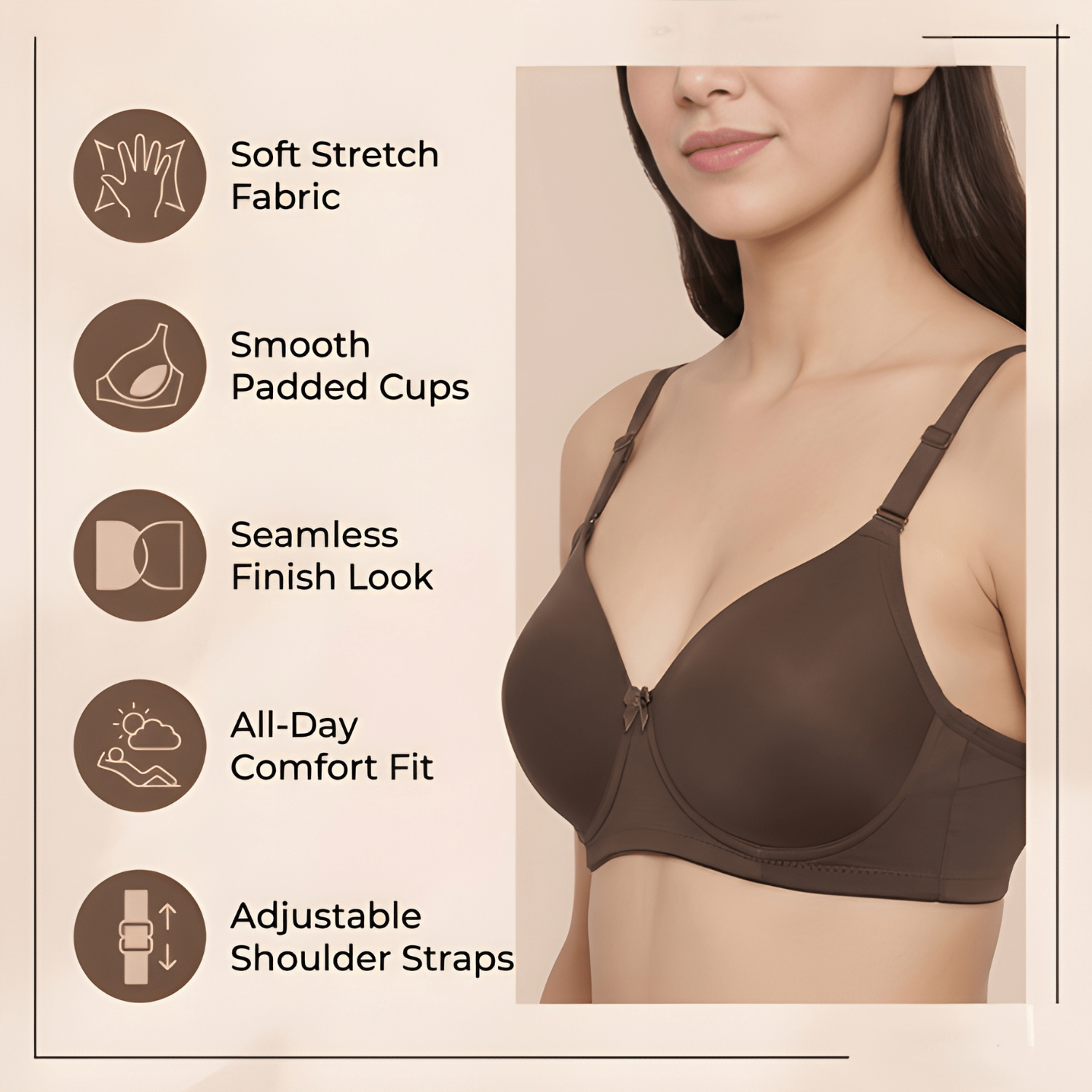 Elen Vosky Padded Bra for Women (Pack of 2) | Push-Up Seamless Adjustable Shoulder Bra | Comfortable Everyday Wear | Lightly Lined Wireless Support | Soft Breathable Lingerie