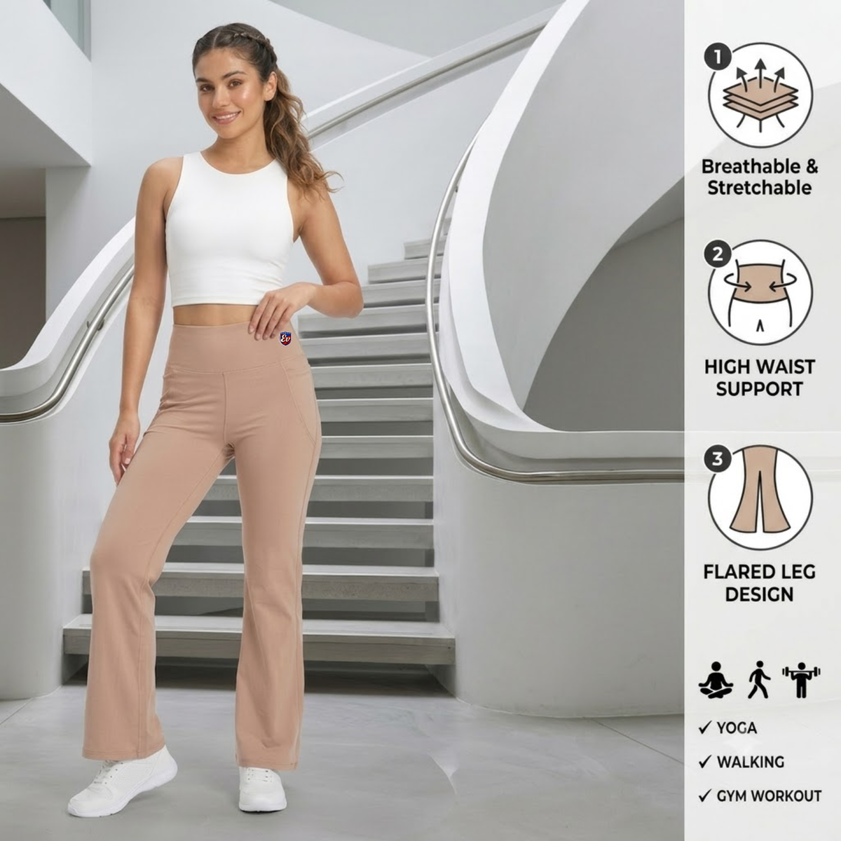 Elen Vosky Flare Pants for Women | Double Pockets | Wide Leg Stretch Workout Pants | Pants for Travel, Casual Wear, Office & Everyday Comfort