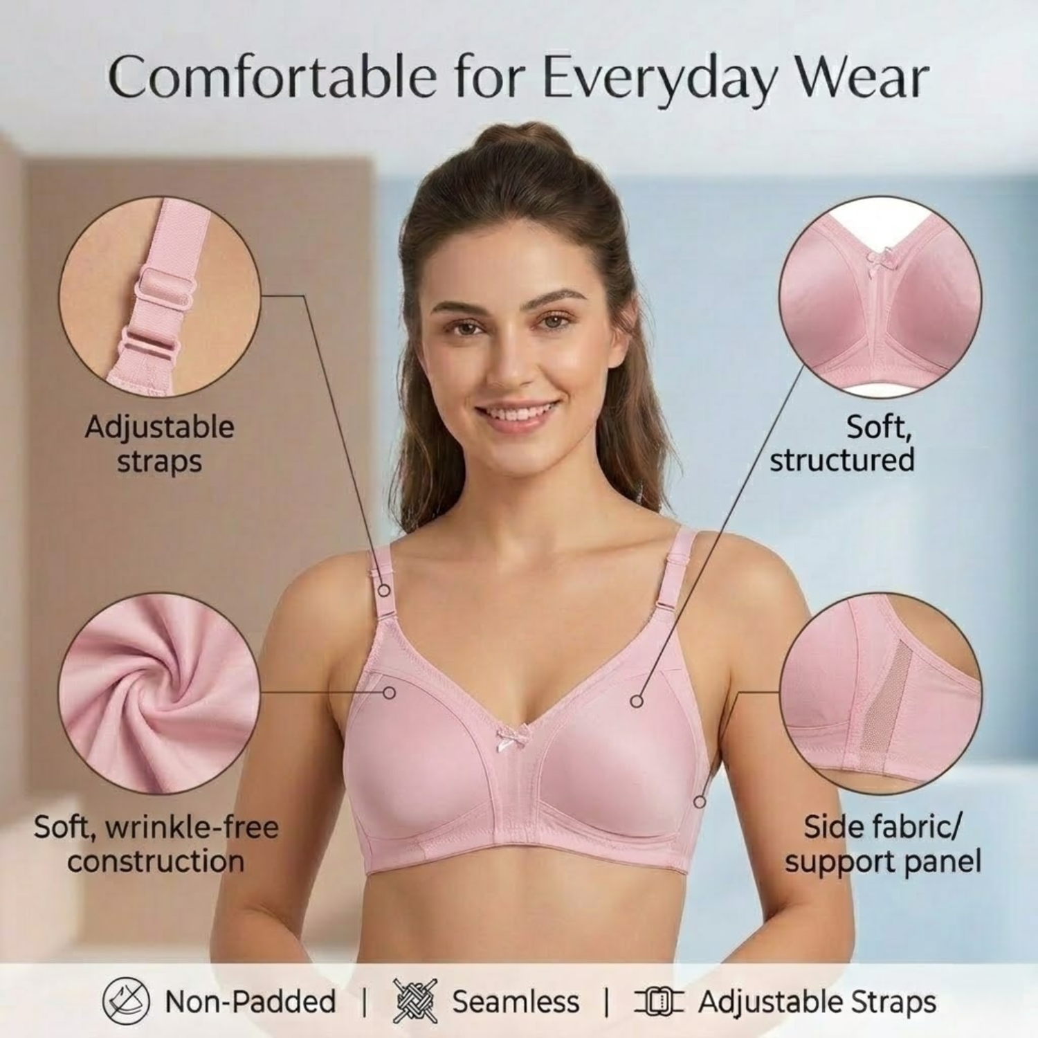 Elen Vosky Non Padded Bra for Women (Pack of 2) | Wirefree Seamless Bra with Adjustable Straps | Soft Support Breathable Cotton Lycra Bra for Everyday Wear