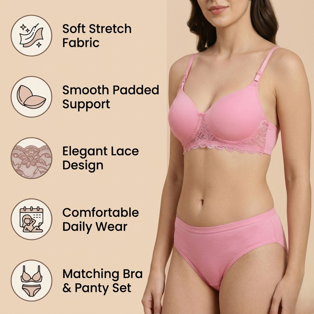 Elen Vosky Women’s Lingerie Set(Pack of 3) | Panty Set with Strappy Detailing | Breathable Cotton Lycra Fabric | Seamless Padded Bra with Lace Bottom Band