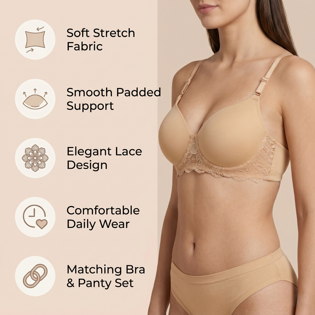 Elen Vosky Women’s Lingerie Set | Panty Set with Strappy Detailing | Breathable Cotton Lycra Fabric | Seamless Padded Bra with Lace Bottom Band