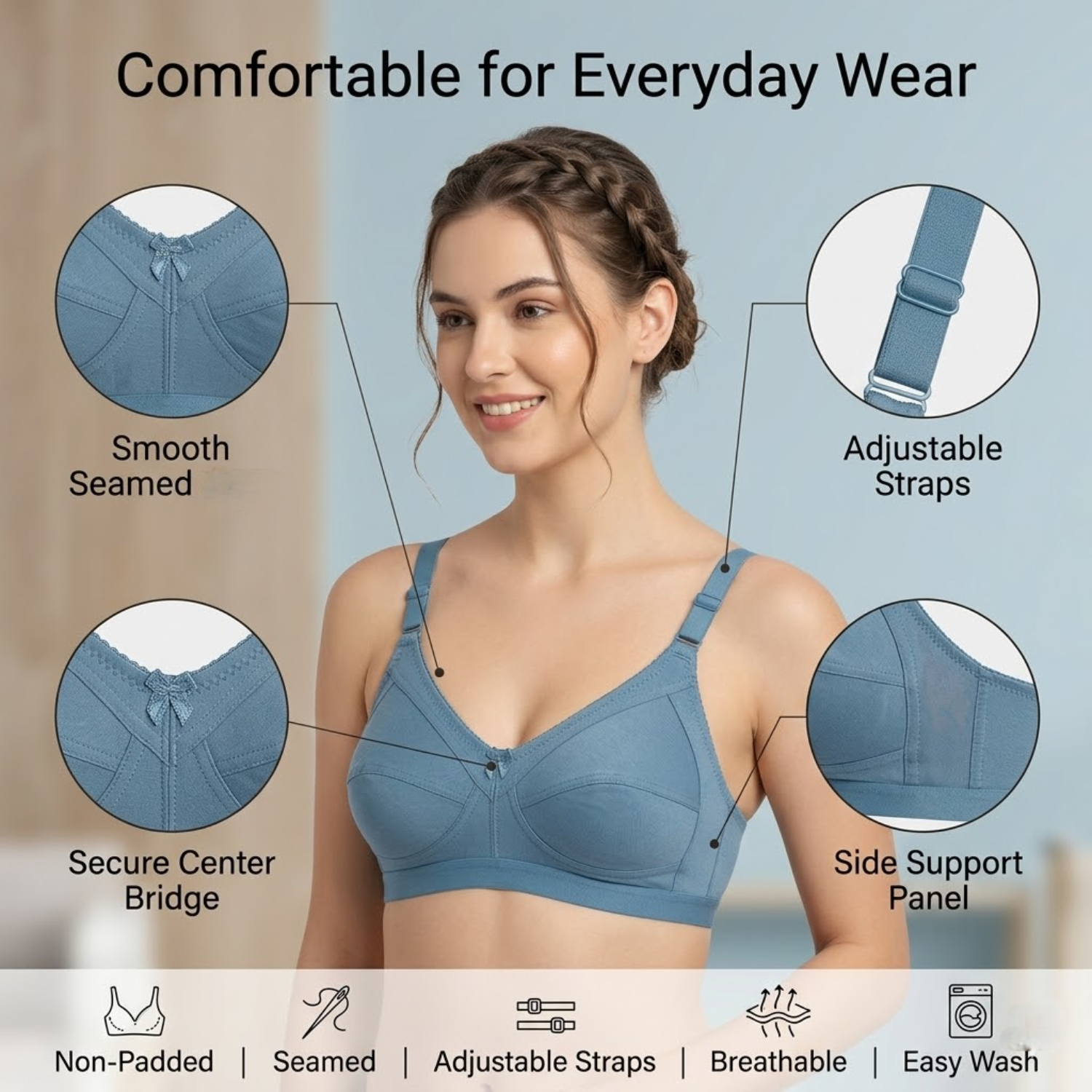 Elen Vosky Non-Padded Bra for Women (Pack of 3) | Seamless Wireless | 3-Hook Back Closure | Adjustable Shoulder Straps | Breathable Cotton Lycra Fabric | Everyday Wear