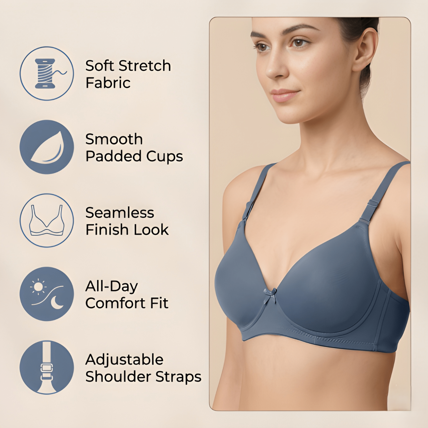 Elen Vosky Bra for Women (Pack of 2)| Seamless, Padded Bra | Comfortable Everyday Wear | Lightly Lined Wireless Support | Breathable Cotton Lycra Fabric