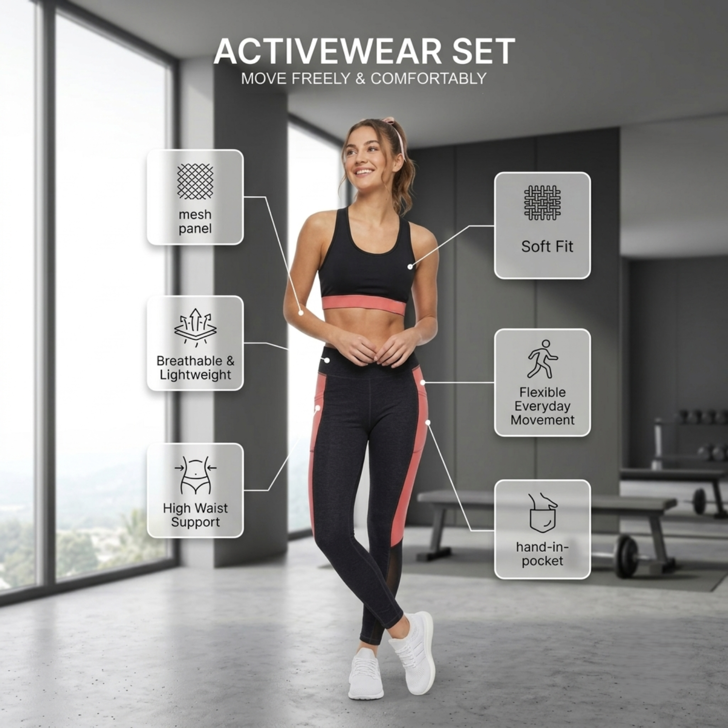 Elen Vosky Women's Activewear Set | Racerback Sports Bra & High Waist Gym Leggings with Side Pockets | Stretch Workout Outfit for Yoga, Gym, Running & Fitness