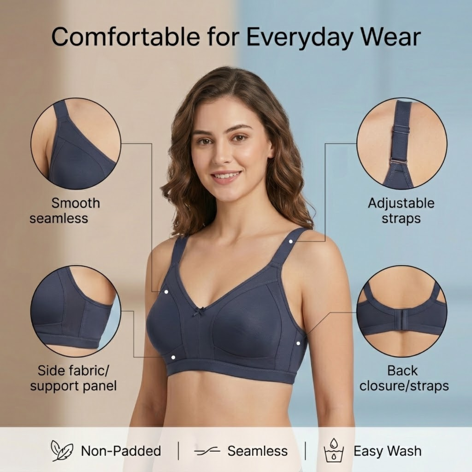 Elen Vosky Premium Bra for Women |  Everyday Comfort Bra | Non-Padded Wirefree Cotton Lycra Bra | Seamless Finish & Adjustable Straps | Everyday Wear
