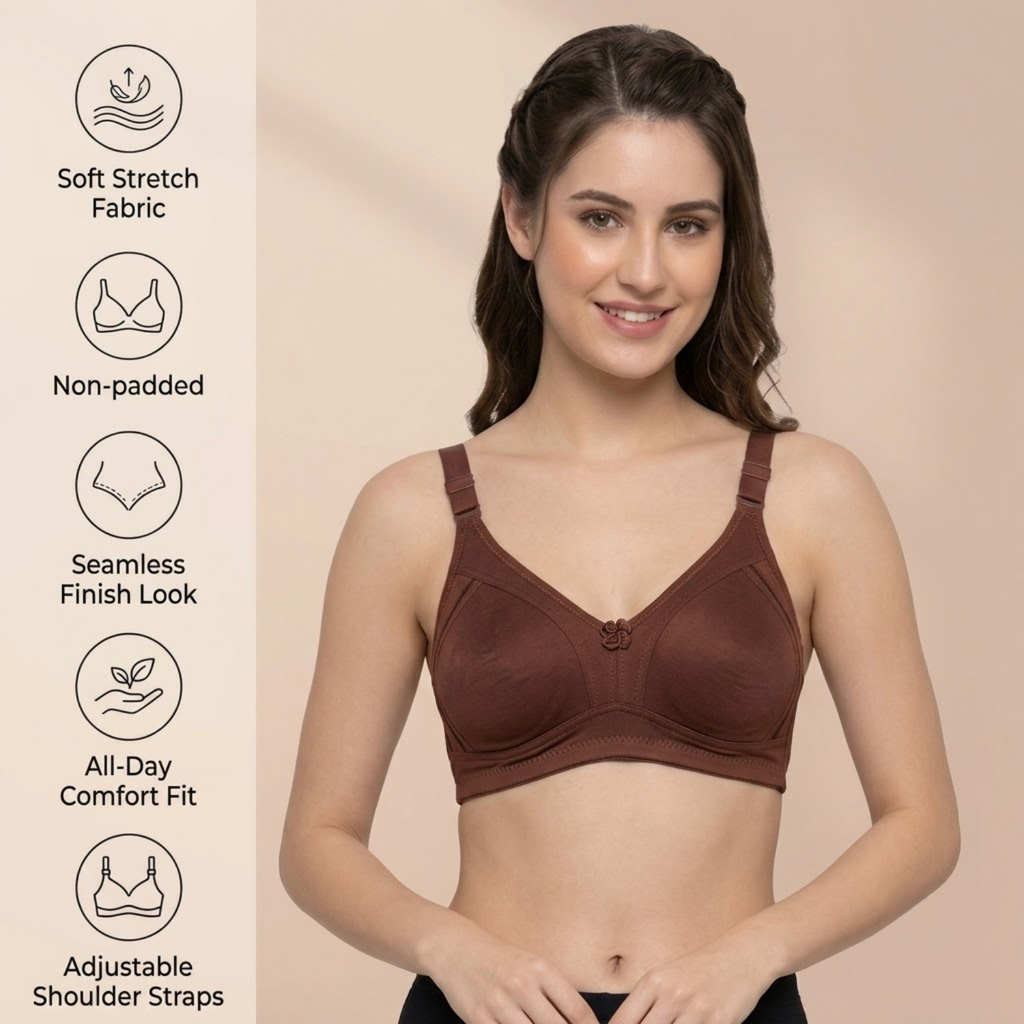 Elen Vosky Premium Women Bra Combo (Pack of 3) | Seamless Non-Padded Bra with Center Bow Design | 3-Hook Closure | Soft Fine Cotton Fabric | All-Day Comfort