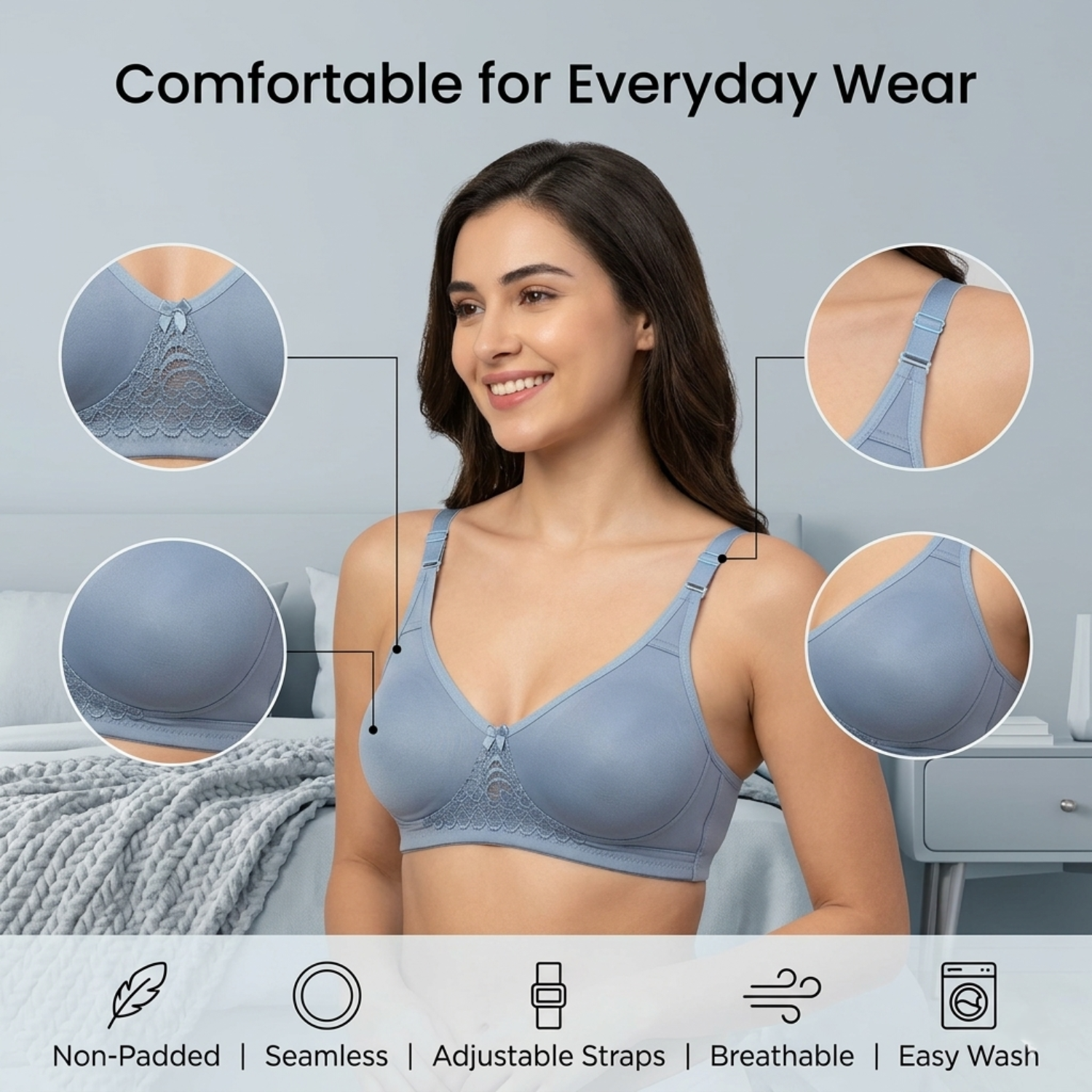 Elen Vosky Premium Women Bra combo Pack of 2 | Seamless Non-Padded Bra with Lace Bottom Band | Breathable Cotton  Fabric | All-Day Comfort
