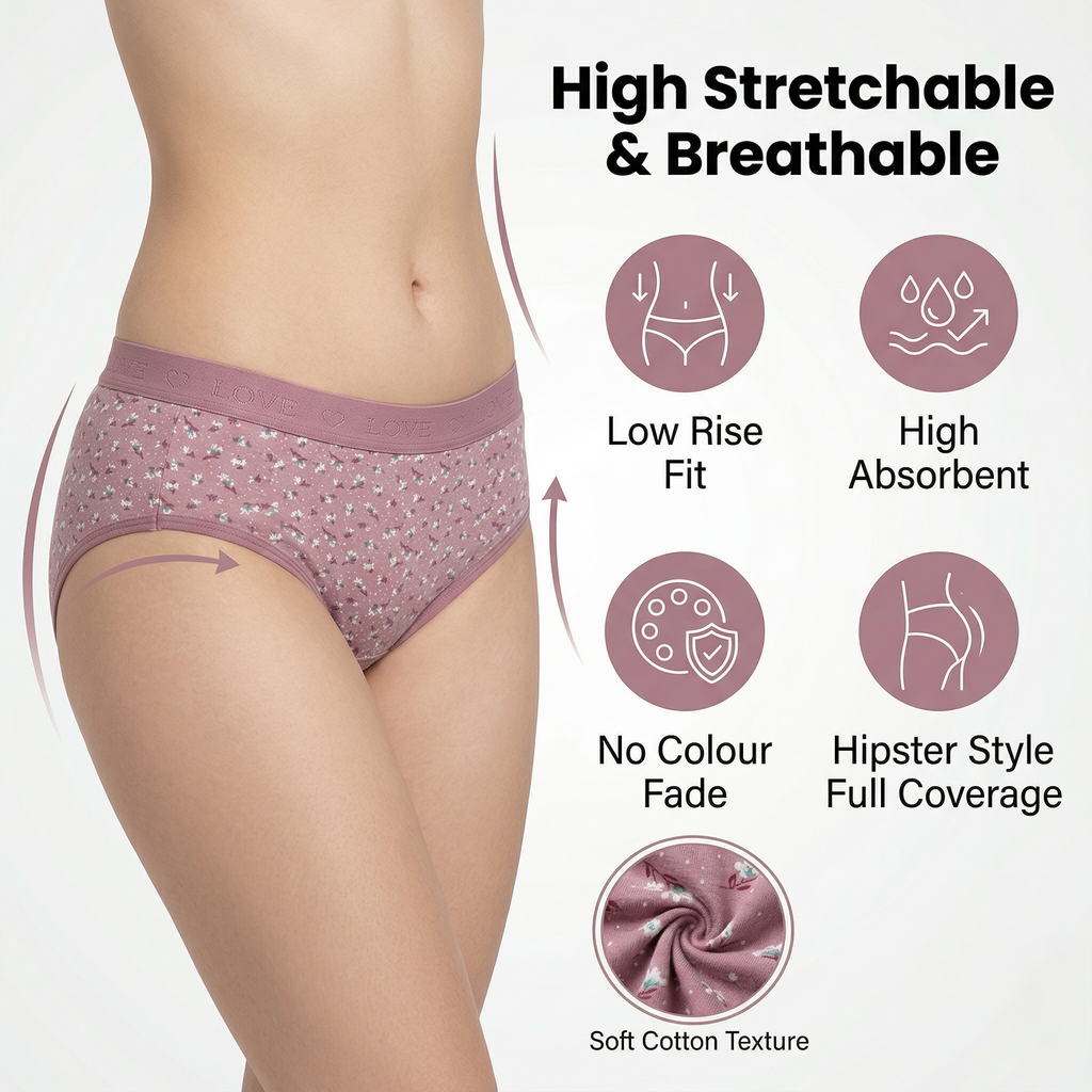 Elen Vosky Hipster Panties for Women Pack of 3 | Breathable Cotton Lycra Fabric | Full Coverage Innerwear | Stretch Grip Fit | Anti Odor Antimicrobial & Stain Release Ladies Innerwear