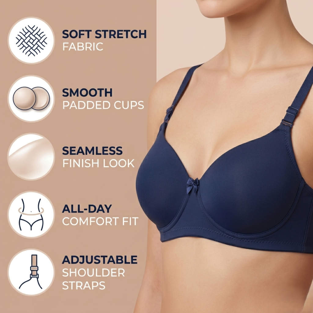 Elen Vosky Padded Bra for Women | Push-Up Seamless Adjustable Shoulder Bra | Comfortable Everyday Wear | Lightly Lined Wireless Support | Soft Breathable Lingerie