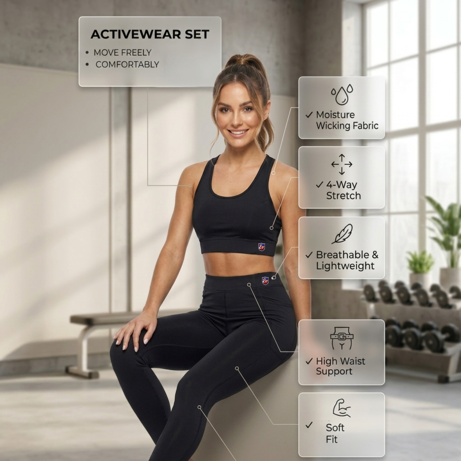 Elen Vosky Women Gym Wear Set | Sports Bra & High Waist Leggings with Side Pockets | Stretch Activewear Co-Ord for Workout, Yoga, Training & Running