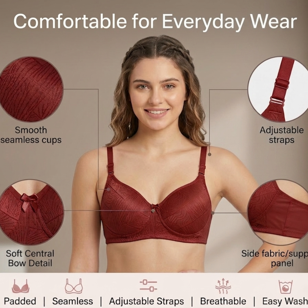 Elen Vosky Padded Bra for Women (Pack of 3) | Push-Up Seamless Adjustable Shoulder Bra | Comfortable Everyday Wear | Lightly Lined Wireless Support | Soft Breathable Lingerie
