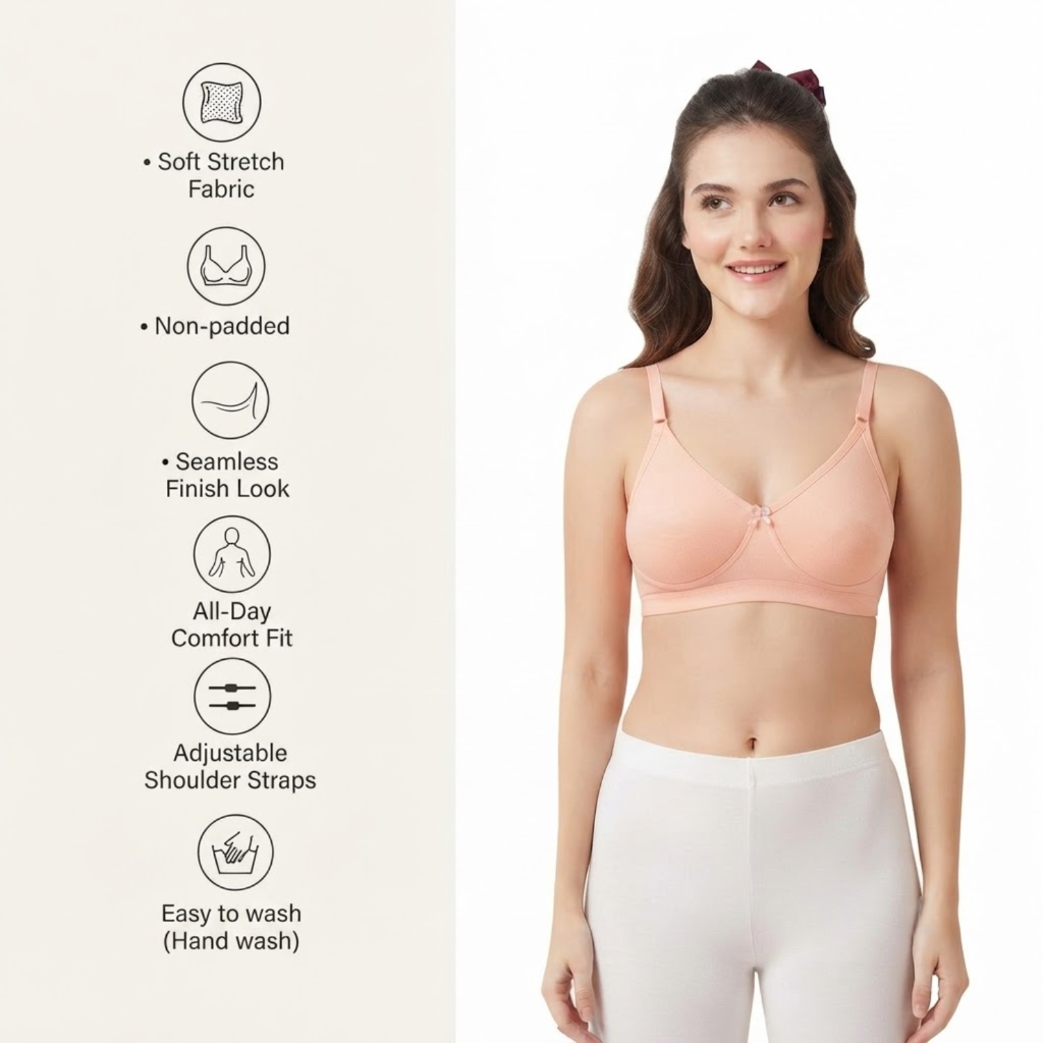 Elen Vosky Non-Padded Bra for Women (Pack of 2) | Seamless Wireless | 3-Hook Back Closure | Adjustable Shoulder Straps | Breathable Cotton Fabric | Everyday Wear