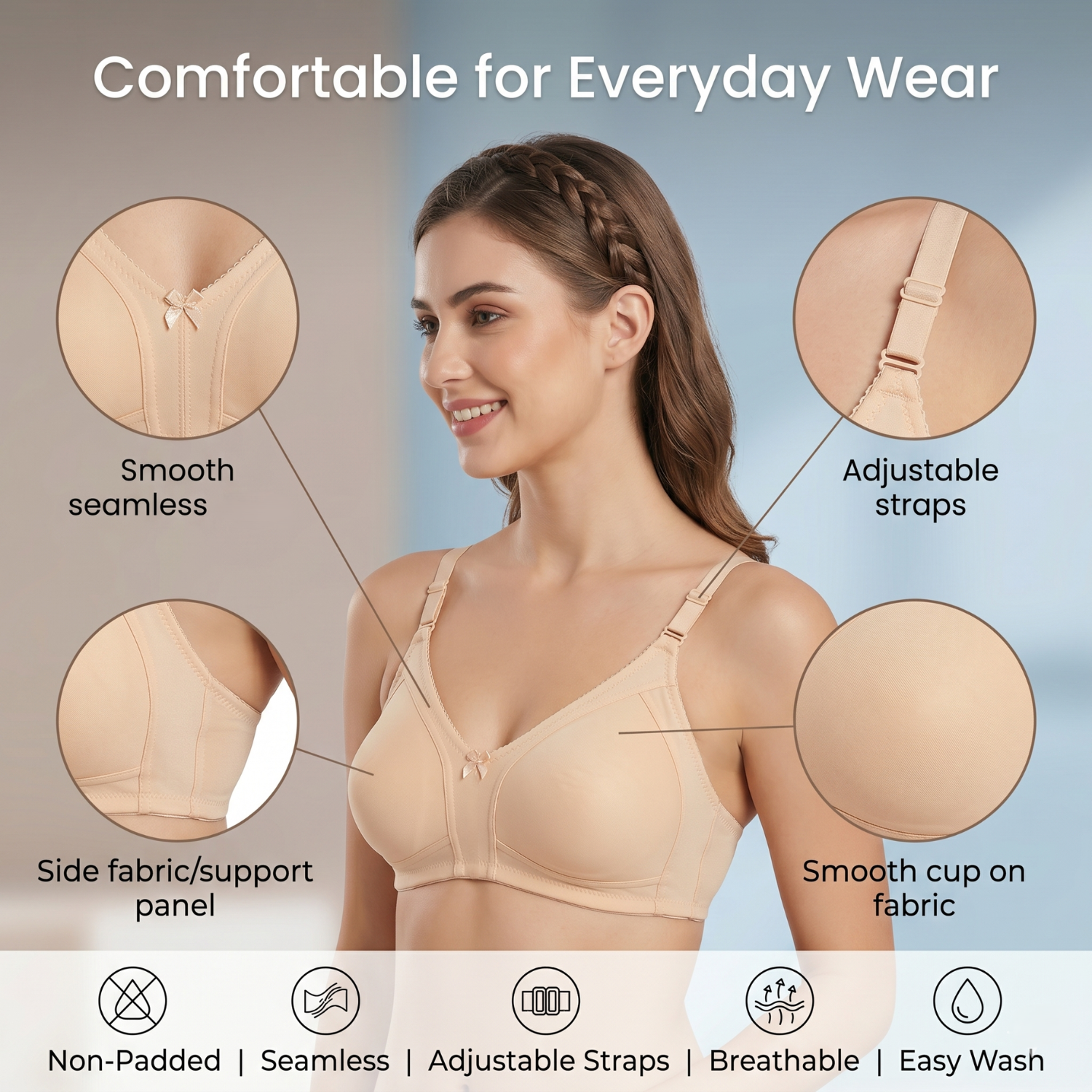 Elen Vosky Non Padded Bra for Women (Pack of 2) | Wirefree Seamless Bra with Adjustable Straps | Soft Support Breathable Cotton Lycra Bra for Everyday Wear