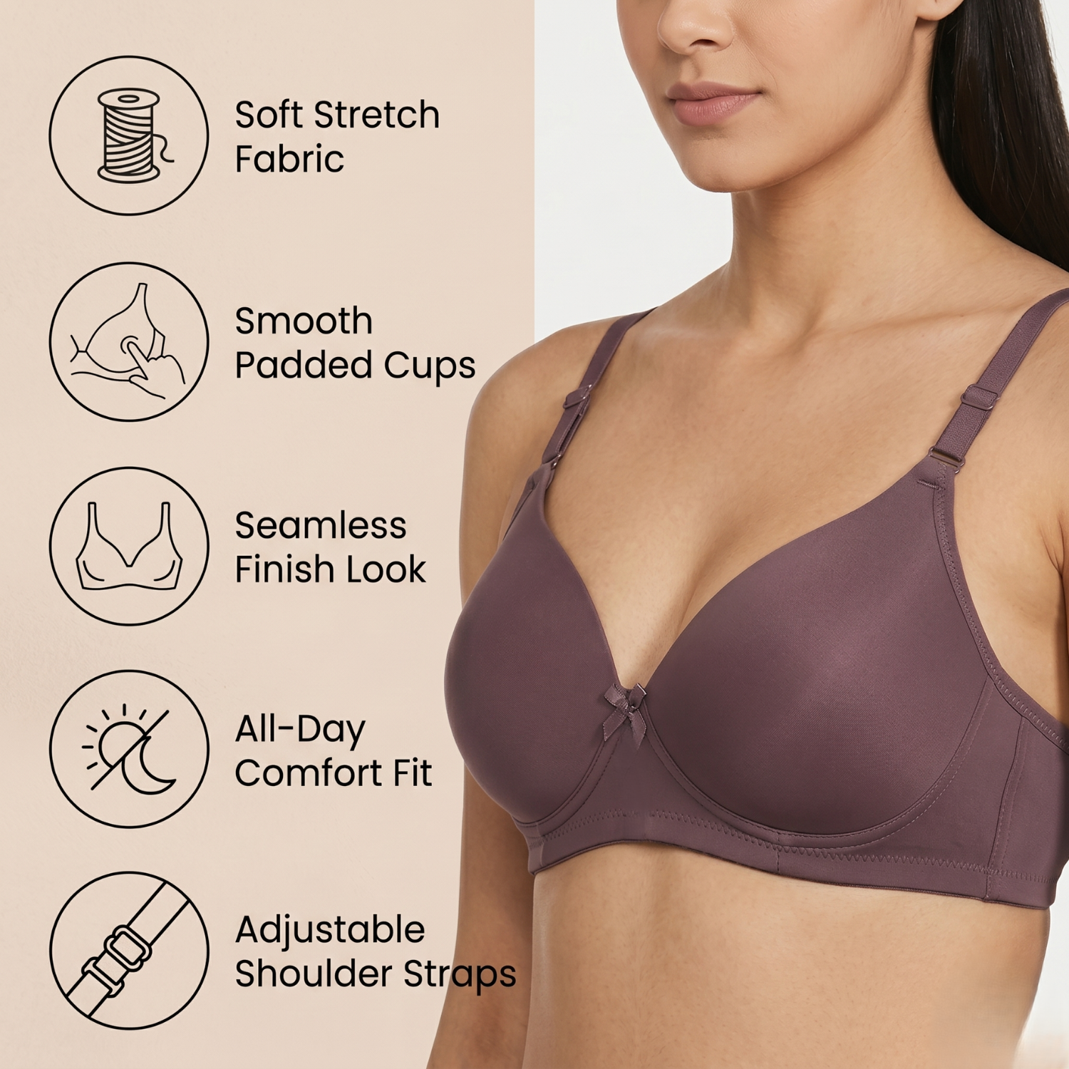 Elen Vosky Bra for Women (Pack of 2)| Seamless, Padded Bra | Comfortable Everyday Wear | Lightly Lined Wireless Support | Breathable Cotton Lycra Fabric