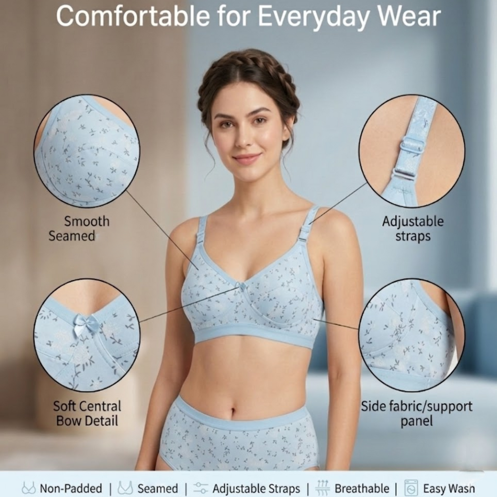 Elen Vosky Women Bra combo Pack of 3 | Seamless Non-Padded Bra with Lace Bottom Band | Breathable Cotton Lycra Fabric | All-Day Comfort