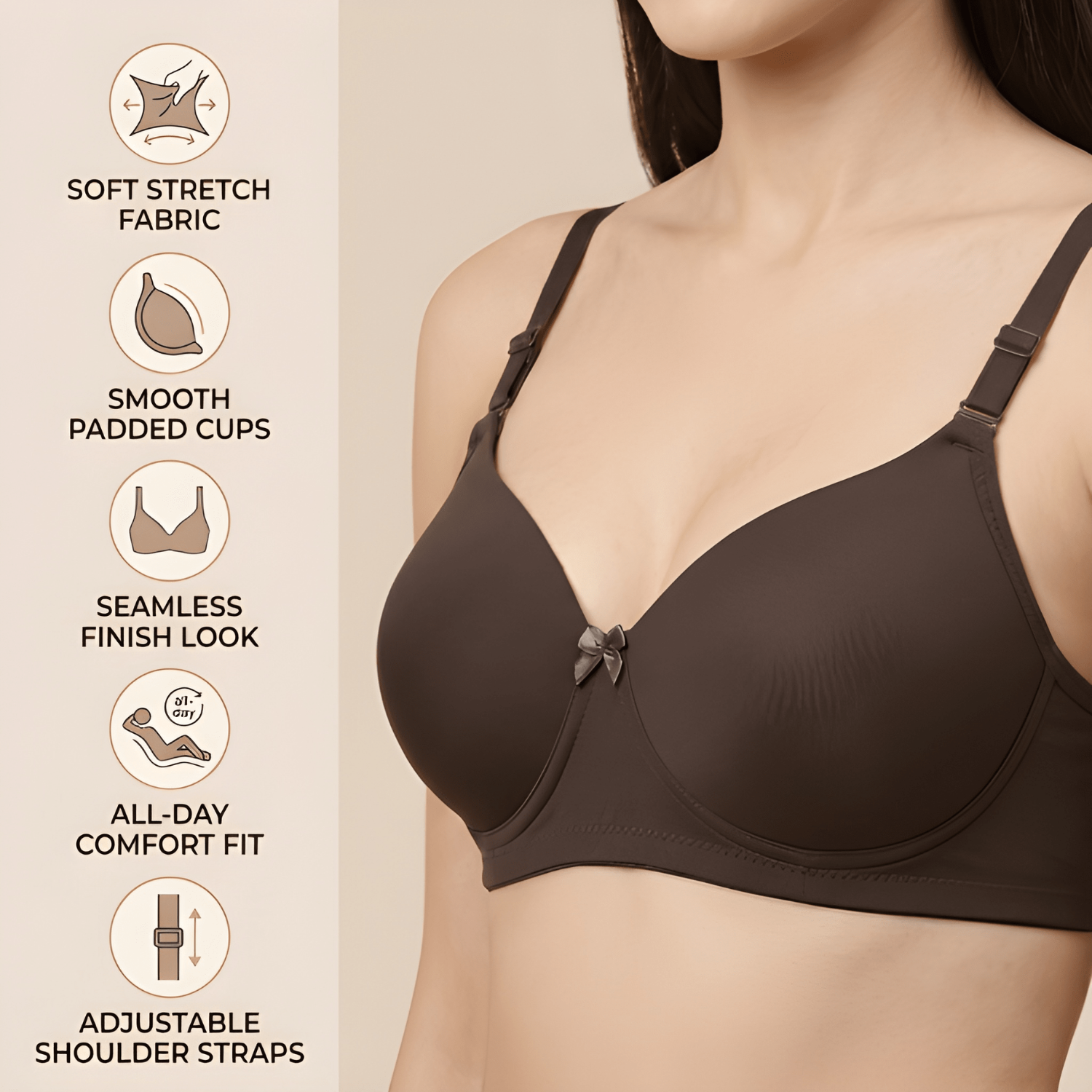 Elen Vosky Padded Bra for Women (Pack of 2) | Push-Up Seamless Adjustable Shoulder Bra | Comfortable Everyday Wear | Lightly Lined Wireless Support | Soft Breathable Lingerie