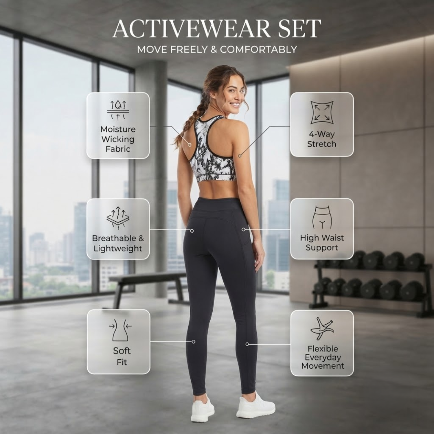 Elen Vosky Women's Activewear Set | Racerback Sports Bra & High Waist Gym Leggings | Dual Side Pockets | Stretch Workout Outfit for Yoga, Gym, Running & Fitness