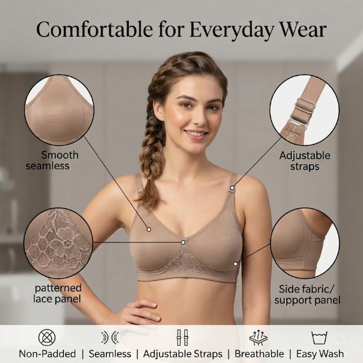 Elen Vosky Premium Women Bra combo Pack of 2 | Seamless Non-Padded Bra with Lace Bottom Band | Breathable Cotton  Fabric | All-Day Comfort