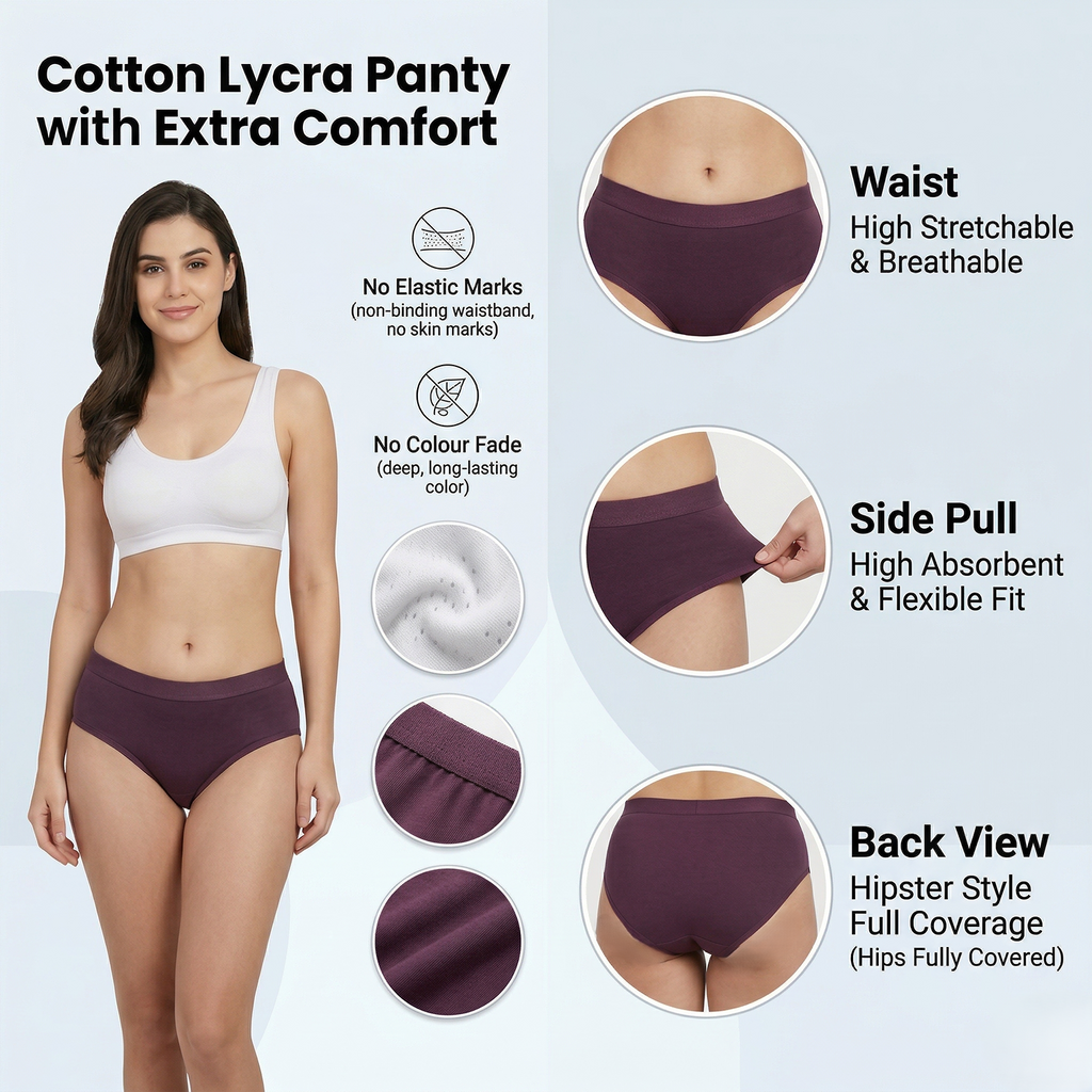 Elen Vosky Women Cotton Panties Pack of 3 | Breathable Cotton Lycra Fabric | Full Coverage Panty Set | Mid Rise Stretch Fit | Anti Odor & Sweat Absorbent | women innerwear