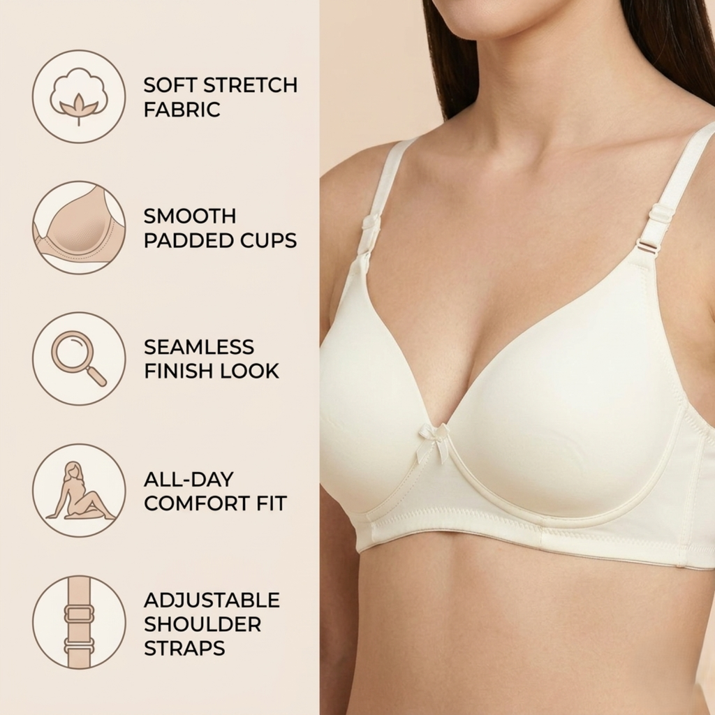 Elen Vosky Bra for Women | Seamless, Padded Bra | Comfortable Everyday Wear | Lightly Lined Wireless Support | Breathable Cotton Lycra Fabric (Pack of 3)