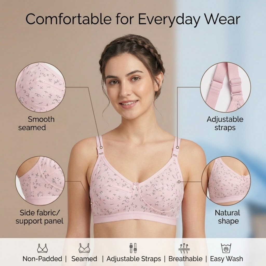 Elen Vosky Women Bra combo Pack of 2 | Seamless Non-Padded Bra with Lace Bottom Band | Breathable Cotton Lycra Fabric | All-Day Comfort