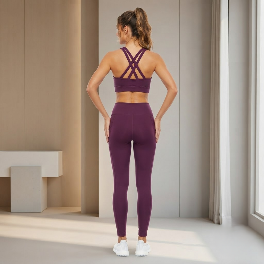 Elen Vosky Women's Activewear Set | Criss Cross Back & High Waist Leggings with Side Pockets | Stretch Workout Outfit for Yoga, Gym, Running & Fitness