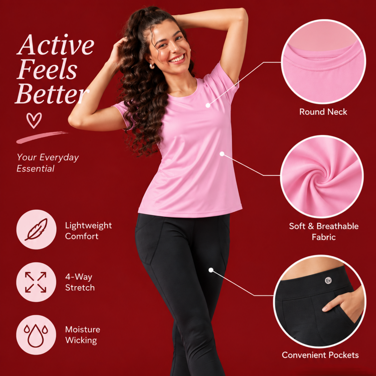 Women Gym Wear Set | Round Neck Half Sleeve T-Shirt & Leggings Combo | Comfortable Yoga, Workout, Running Set for Women